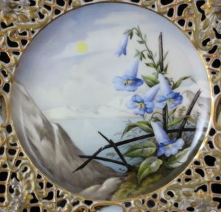 Vintage/ Antique HAND PAINTED SCENIC TRUMPET FLOWERS PLATE Gilt Reticulated Rim 3