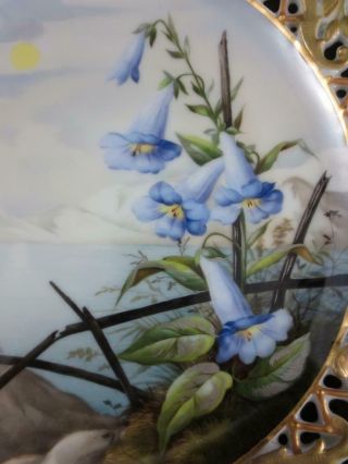 Vintage/ Antique HAND PAINTED SCENIC TRUMPET FLOWERS PLATE Gilt Reticulated Rim 4
