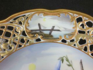 Vintage/ Antique HAND PAINTED SCENIC TRUMPET FLOWERS PLATE Gilt Reticulated Rim 6