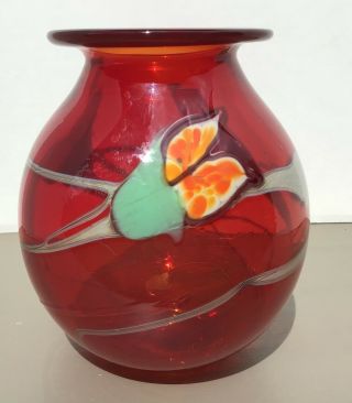 Studio Art Glass Vase Ruby Red Floral Signed Daniel Edler