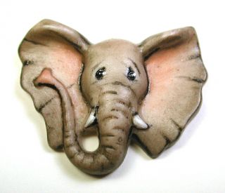 Hand Paint Porcelain Button Elephant Head Realistic - 1 "