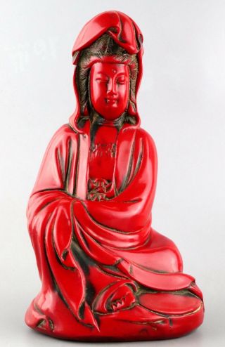 Collectable Antique Red Coral Hand Carve Guanyin Bodhisattva Moral Lucky Statue