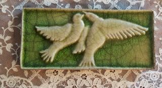 Art Nouveau Antique Art Glass Tile Gorgeous Green 2 Doves In Flight