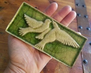 Art Nouveau Antique Art Glass Tile Gorgeous Green 2 Doves In Flight 2