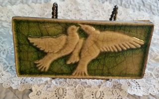 Art Nouveau Antique Art Glass Tile Gorgeous Green 2 Doves In Flight 3