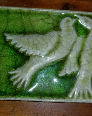 Art Nouveau Antique Art Glass Tile Gorgeous Green 2 Doves In Flight 7