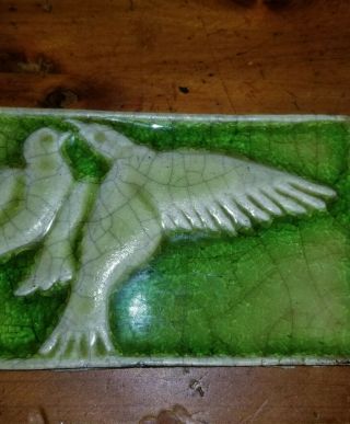 Art Nouveau Antique Art Glass Tile Gorgeous Green 2 Doves In Flight 8