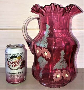 Antique Victorian Cranberry 10 " Art Glass Hand Painted Enameled Water Pitcher Nr