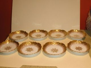 8 Antique Butter Pats 1900 Ls & S Limoges France Scalloped Gold Medallion Le5