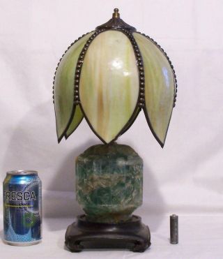 Chinese Quartz Lamp Base Wooden Stand With French Art Deco Floriform Glass Shade
