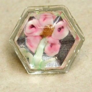 Antique Vtg Glass Paperweight Button W Pink Pansy & Goldstone Mirror Back Zz