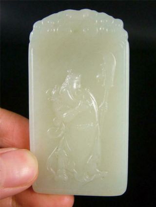 Old Chinese Nephrite Celadon Jade Carved Pendant Netsuke Guan Gong The Hero