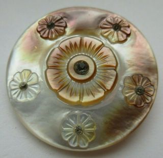Magnificent Large Antique Vtg Carved Mop Shell Button Inset Glass Pastes (f)