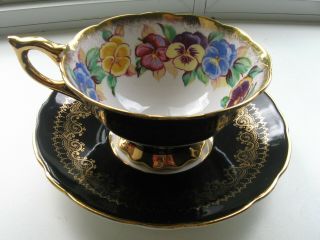 Royal Stafford Gold Black Pansy Pedestal Tea Cup And Saucer