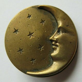 Antique Vtg Victorian Metal Picture Button Man In Moon 1 - 1/8 " (f)