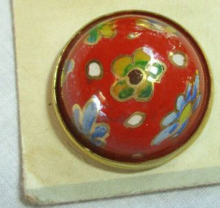 Set 4 Vintage Red Domed Floral Flowers Enamel On Brass Button On Orig Card Nos
