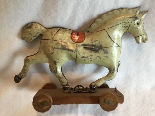 Antique 1880s Tin Penny Pull Toy Horse Aafa Folk Art