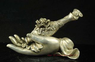 China Old Copper Plating Silver Uanyin Buddha Hand Flower Vase Bottle Statue G01