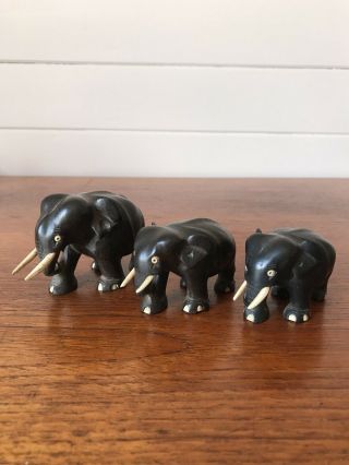 Vintage Solid Wood Ebony Carved Elephants Set Of Three Figurines