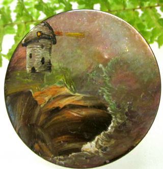 Gorgeous Old Hand Painted Pearl Button W/ Lighthouse A53
