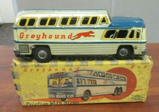Vintage Kkk Japan Tin Litho Greyhound Bus Friction W/siren Toy 7 - 3/8 " Orig Box