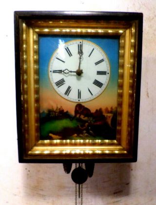1875 German Wag On The Wall Clock - - Wooden Plates With Reverse Painted Glass Dial