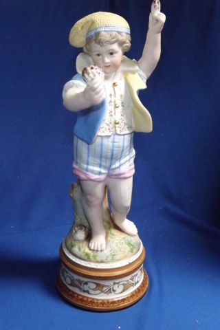 Antique German Bisque Fine Porcelain 14” High Figurine Of Boy With Sea Shells