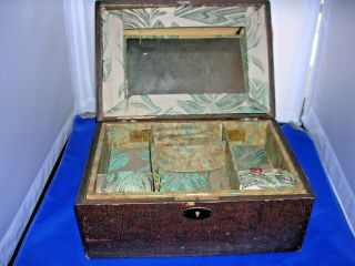 Antique Folk Art Sewing Box W/compartments,  Floral Fabric Lined,  Pin Cushion Etc