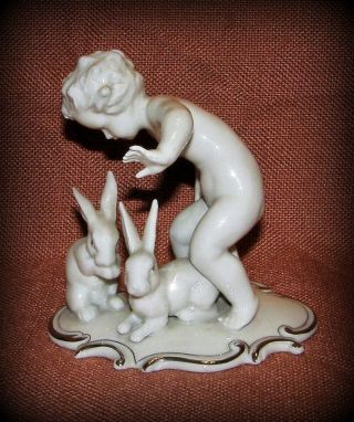 Kunst Schaubach Porcelain Figurine Vintage Germany Boy And Nude Cherub Rabbits
