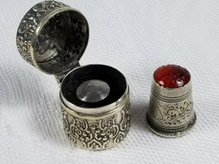Vtg Antique Sterling Silver Thimble W/red Glass & Sterling Storage Box Pendant