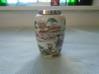 Antique Chinese Porcelain Vase With Sterling Silver Collar Birmingham 1942
