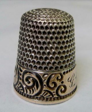 Antique Sterling Silver Thimble With Gilded Decorative Band,  Waite Thresher Co.
