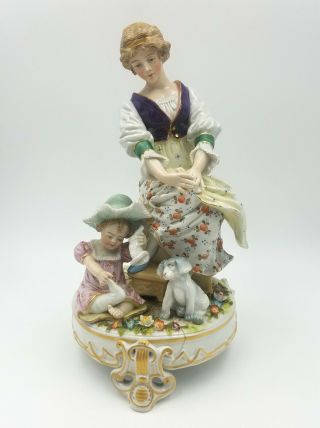 Antique 1884 - 1902 Sitzendorf German Porcelain Figurine Group Mother Daughter Dog
