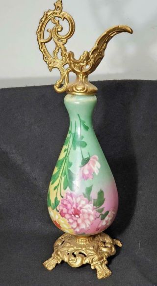 Antique Victorian Handpainted Metal Gold Gilt Porcelain Pitcher Ewer Flowers Lg.