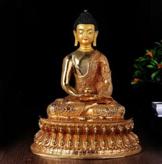 12 " Antique Tibetan Buddhism Copper Gilt Hand Painting Amitabha Buddha Statue