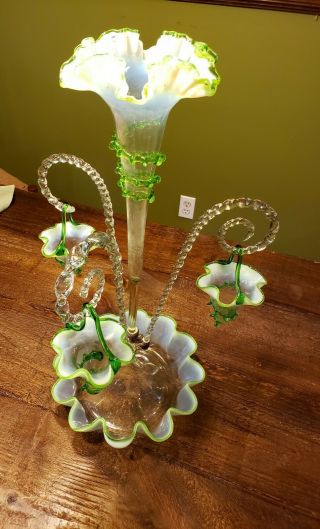 Antique Victorian Art Glass Epergne Trumpet Vase 3 Basket Bowl Canes