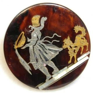 Rare Antique Button Amber Horn Inlaid W Silver & Pearl Spilled Porrige