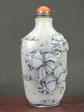 Chinese Goldfish Carp Lotus Flower Carved Peking Overlay Glass Snuff Bottle