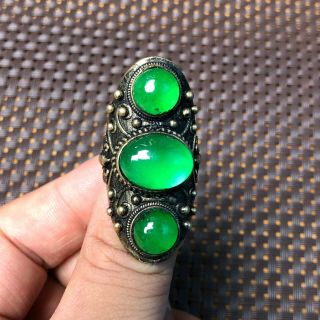 Old Chinese Handwork Tibet Silver & Green Jadeite Jade 3 Beads No.  8.  5 - 12 Ring