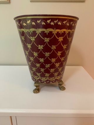 Vtg Painted Footed Metal Trash Can Waste Basket Burgundy And Gold Tole Style