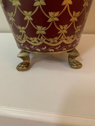 Vtg Painted Footed Metal Trash Can Waste Basket Burgundy And Gold Tole Style 2