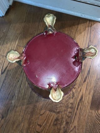 Vtg Painted Footed Metal Trash Can Waste Basket Burgundy And Gold Tole Style 4