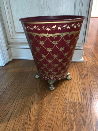 Vtg Painted Footed Metal Trash Can Waste Basket Burgundy And Gold Tole Style 5