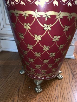 Vtg Painted Footed Metal Trash Can Waste Basket Burgundy And Gold Tole Style 6