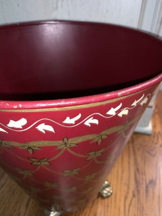 Vtg Painted Footed Metal Trash Can Waste Basket Burgundy And Gold Tole Style 7