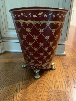 Vtg Painted Footed Metal Trash Can Waste Basket Burgundy And Gold Tole Style 8