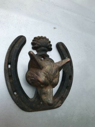 Vintage Antique Cast Iron Door Knocker Fox Horseshoe Hunting Cottage