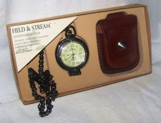 Field & Stream Scoutmaster Pocket Watch Chain Clip Leather Pouch Magnify Date