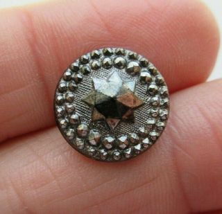 Stunning Antique Vtg Victorian Black Glass Button Silver Luster Star Design (f)