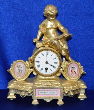 Antique French Gilt Spelter Cherub Mantle Clock With Sevres Style Panels